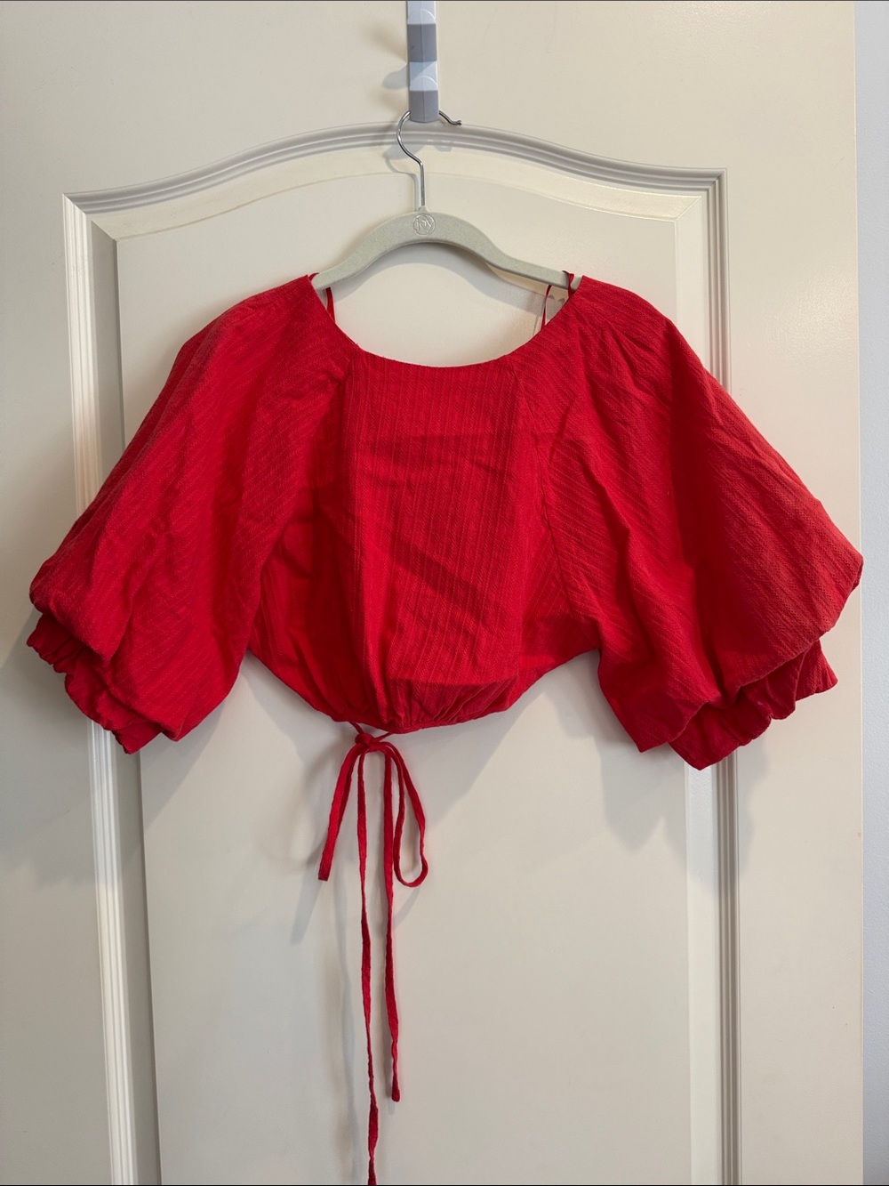 4SI3NNA Red Puff-Sleeve Drawstring Crop Top
